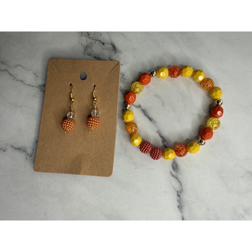 handmade beaded dangle earrings‎ and bracelet orange yellow gold